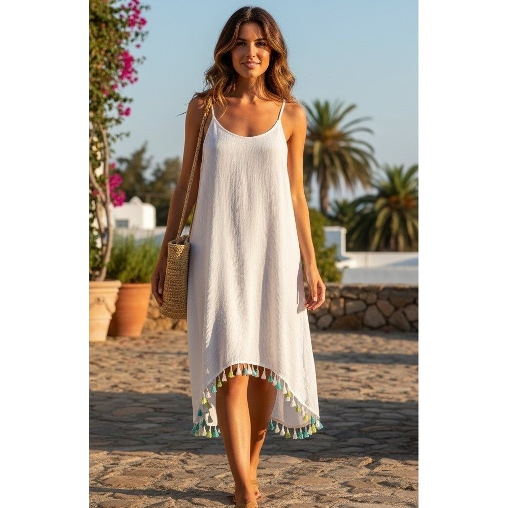 Nina Leonard Tank Dress Women's XL White Summer Tassel Hem Beach Minimalist Boho